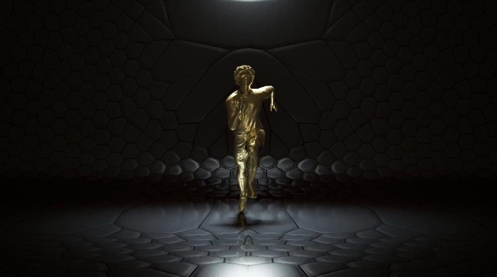 a golden man standing in a dark room