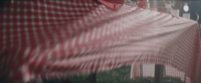 a red and white checkered table cloth on a table