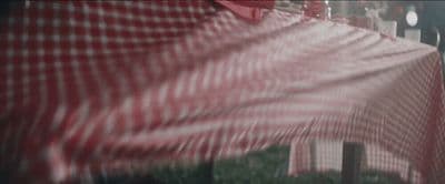 a red and white checkered table cloth on a table