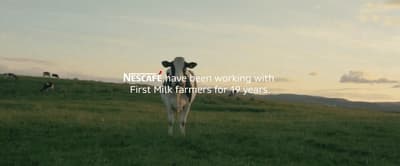 a cow standing on top of a lush green field