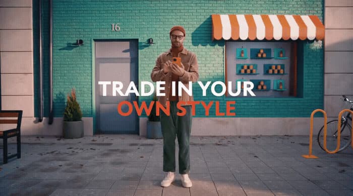 a man standing in front of a building with the words trade in your own style