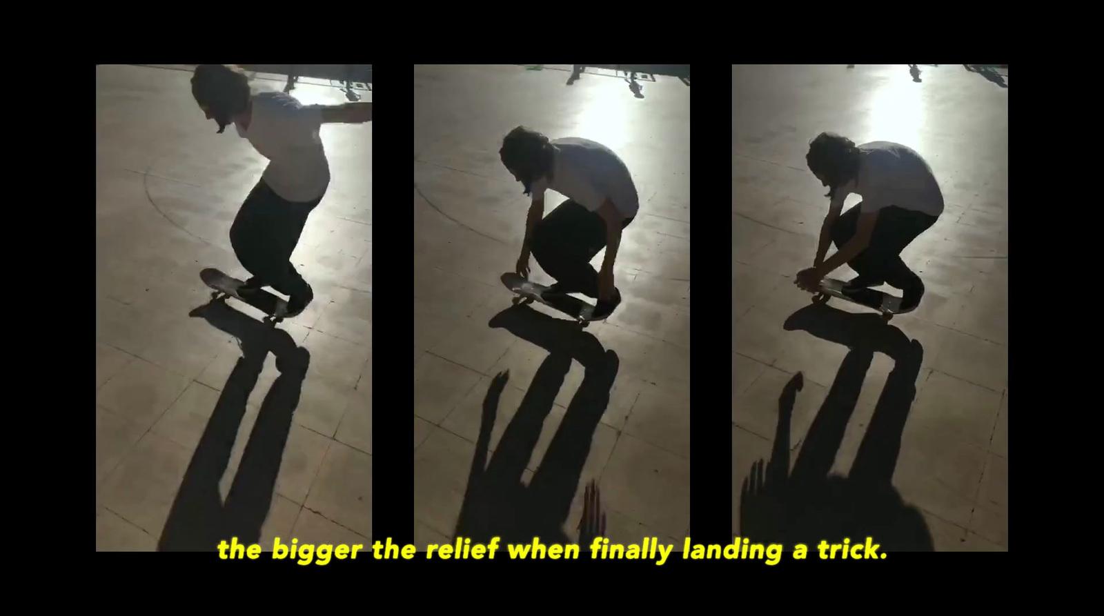 a man riding a skateboard on top of a wooden floor