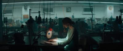 a woman sitting at a table working on a piece of paper