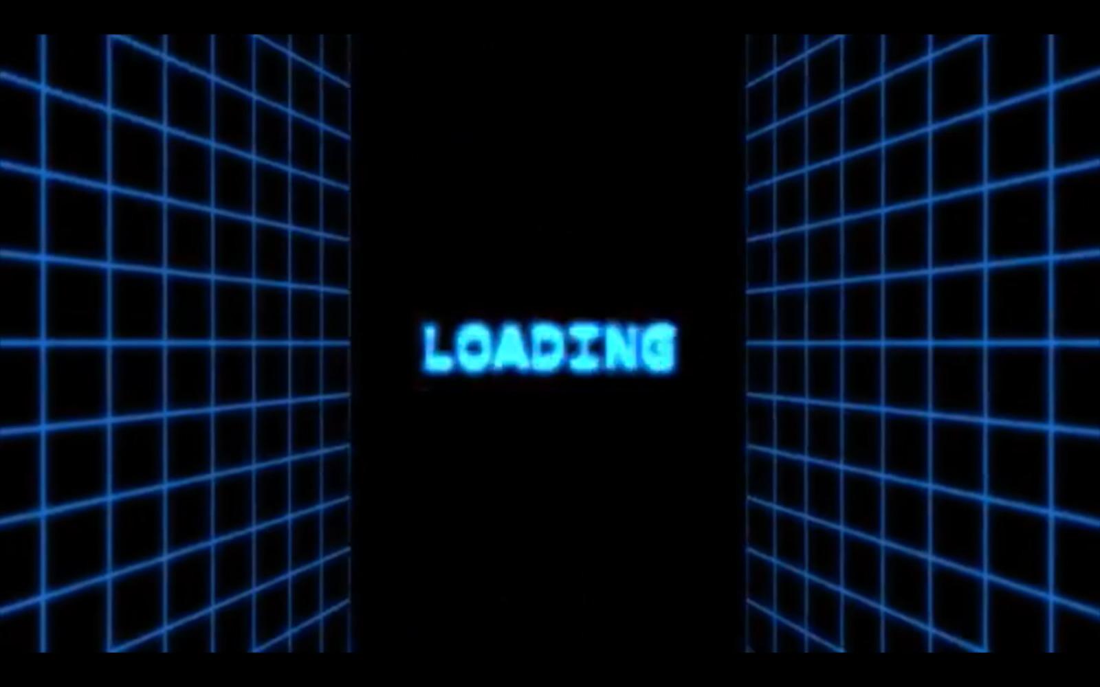a dark room with blue squares and the word loading