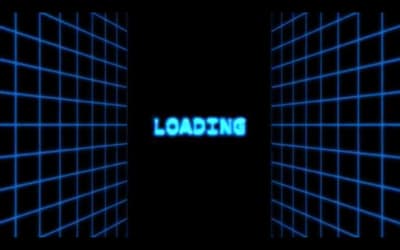 a dark room with blue squares and the word loading