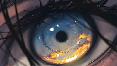 a close up of an eye with flames in the iris