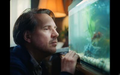 a man looking at a fish in an aquarium