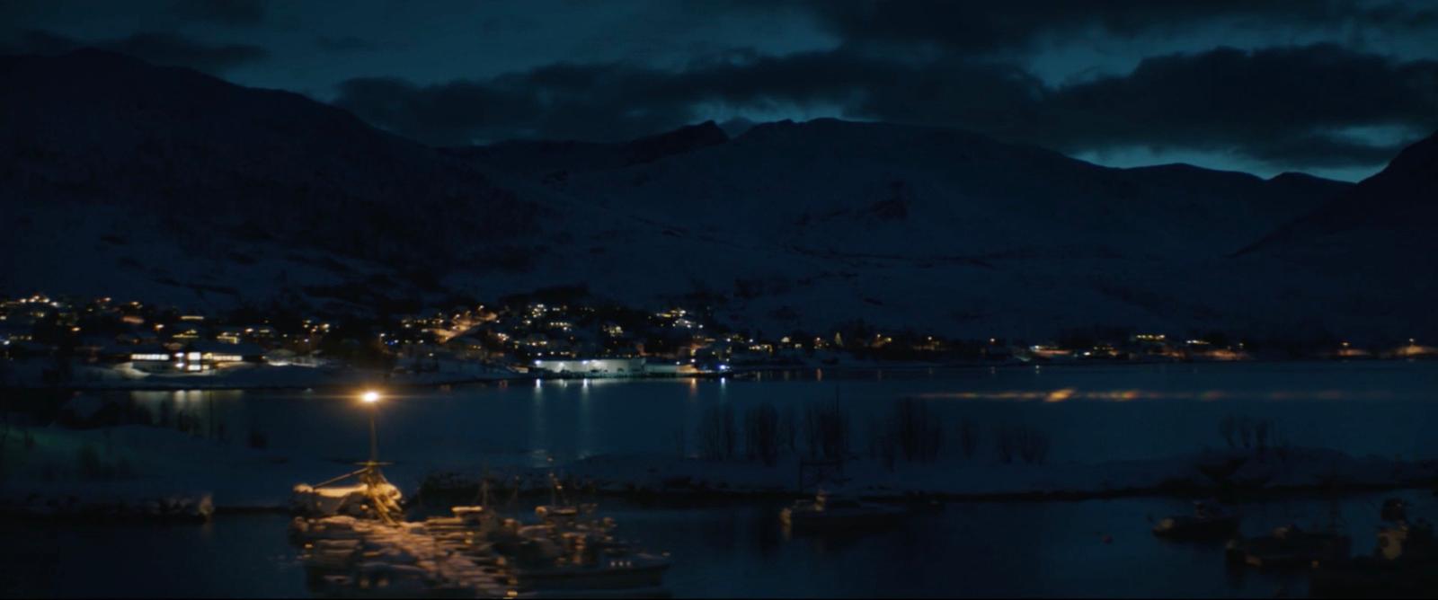 a night time view of a town and a lake