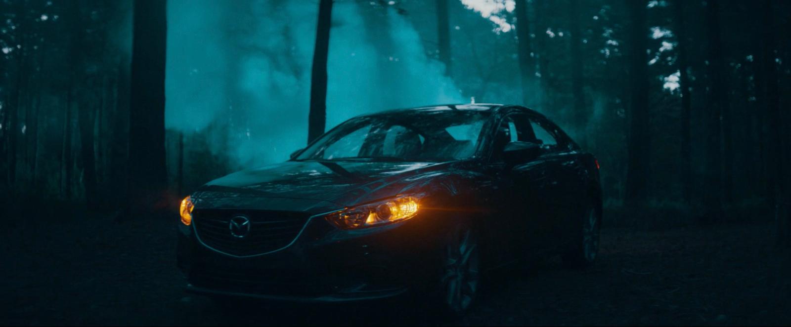 a car driving through a forest filled with trees