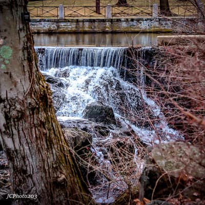 a small waterfall in a wooded area next to a bridge