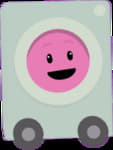 a pink and gray cart with a smiley face