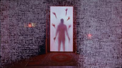a painting of a person standing in front of a door