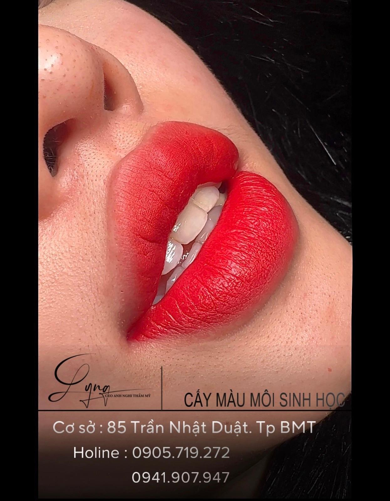 a close up of a person with red lipstick