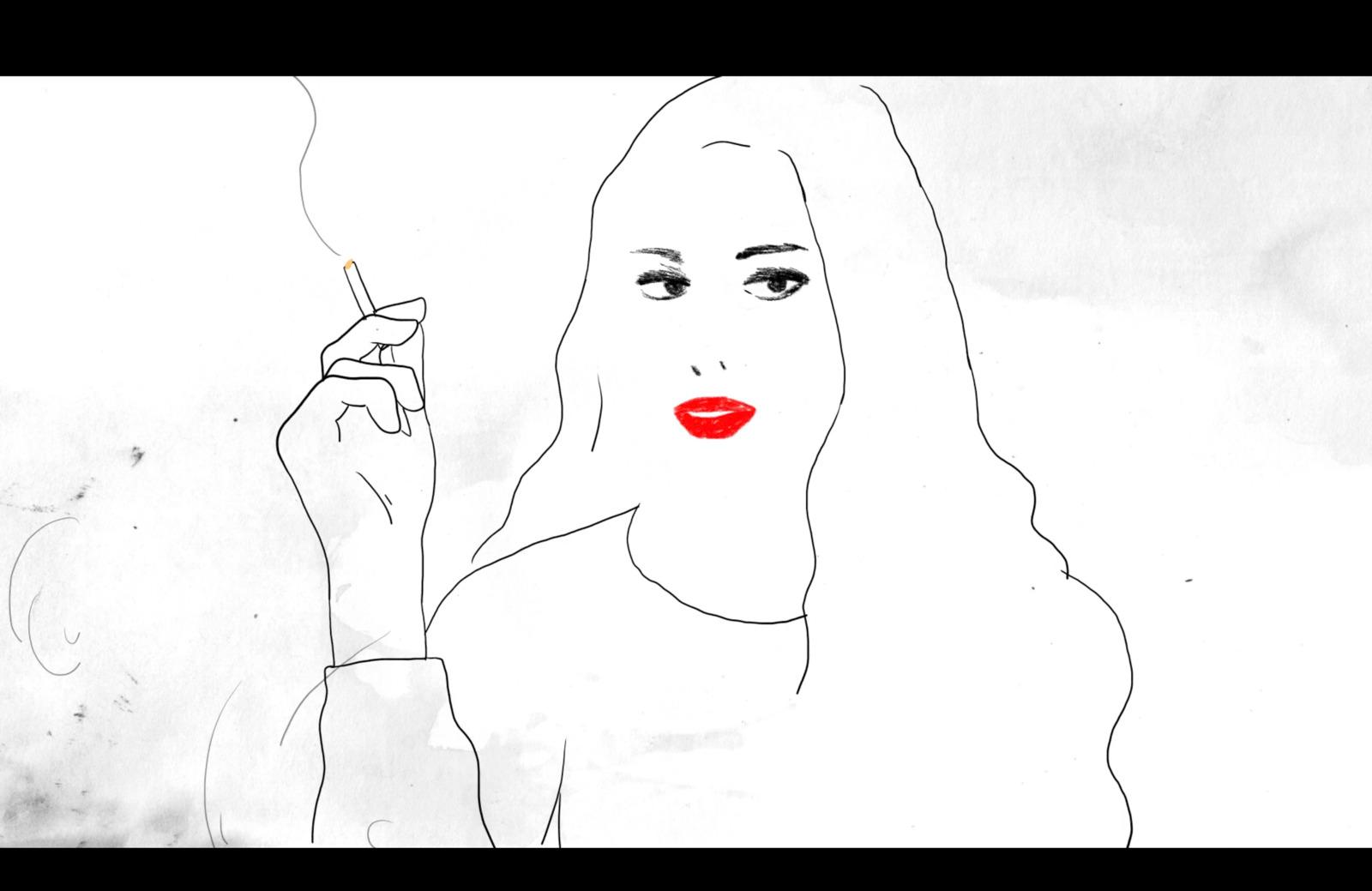 a drawing of a woman smoking a cigarette