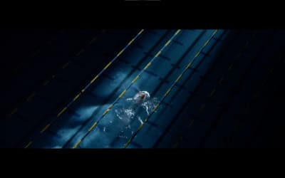 an aerial view of a man swimming in a pool