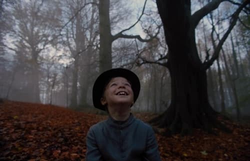 a young boy wearing a black hat in the woods