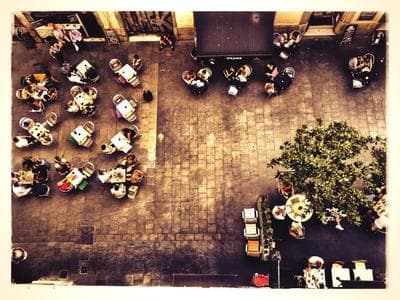 an overhead view of a restaurant with tables and chairs