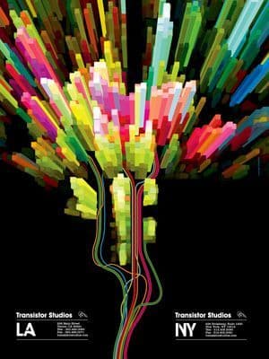 a poster of a tree made up of colored sticks
