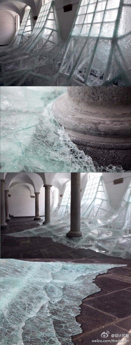 a series of photos of a building with water rushing out of it