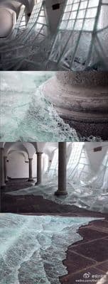 a series of photos of a building with water rushing out of it