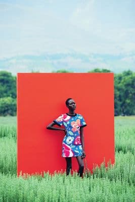 a woman standing in front of a red box in a field