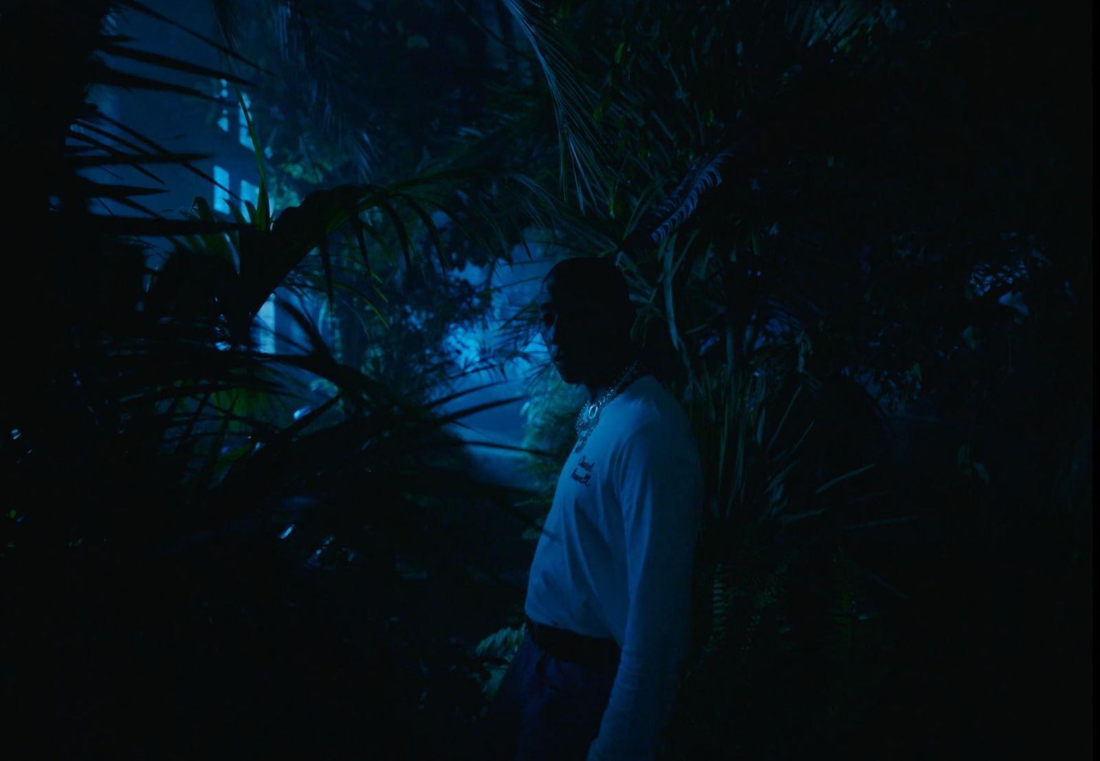 a man standing in a dark forest at night