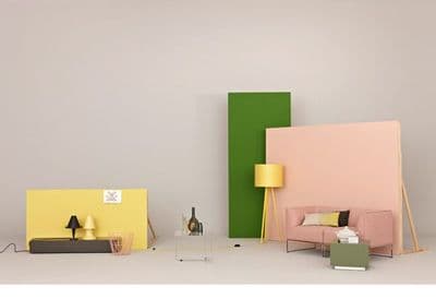 a living room filled with furniture and a lamp