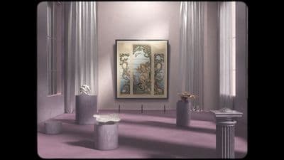 a room with columns and a painting on the wall