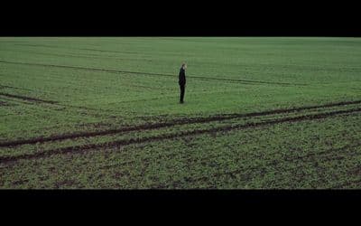 a person standing in a large field of grass