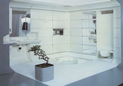 a white bathroom with a potted plant in the corner