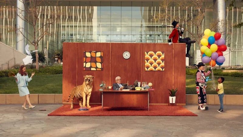 a group of people standing around a table with a dog on it