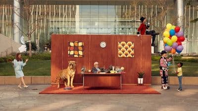 a group of people standing around a table with a dog on it