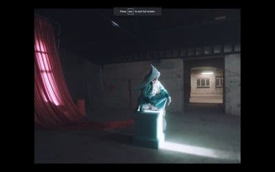 a person standing in a room with a red curtain