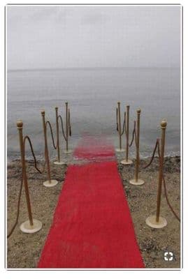 a red carpeted walkway leading to the ocean