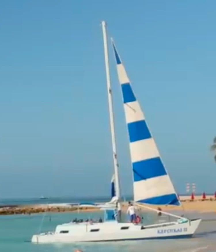 a white and blue sail boat on the beach