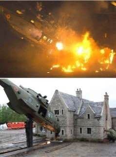 two pictures of a house on fire and a car on fire