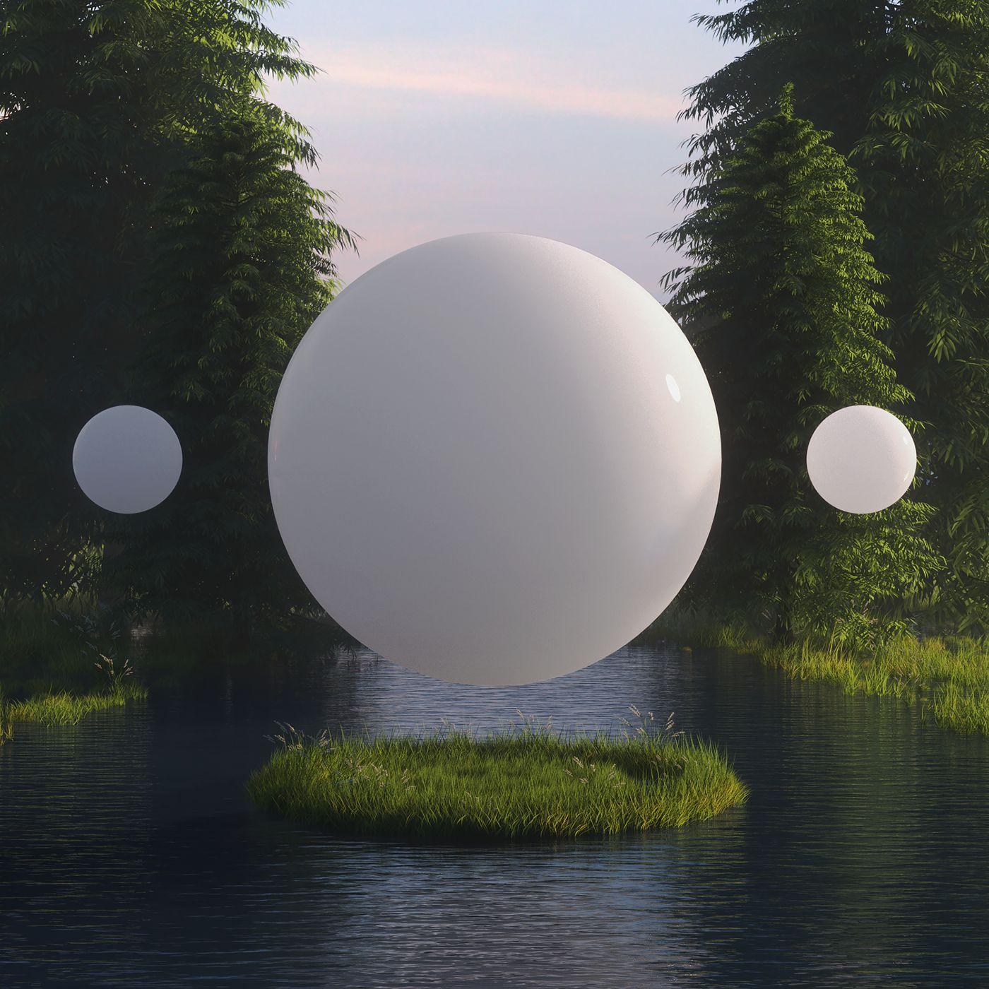 three white balls floating in the air over a body of water