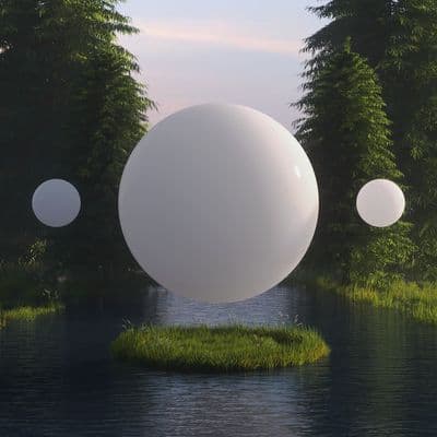 three white balls floating in the air over a body of water