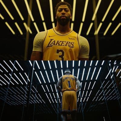 a man in a lakers jersey standing next to a basketball