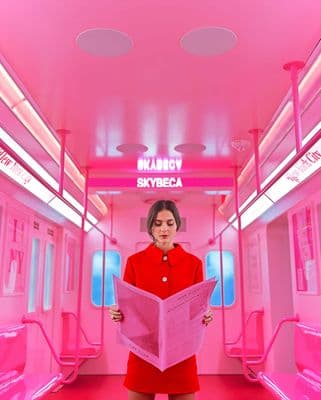 a woman in a red dress is reading a paper