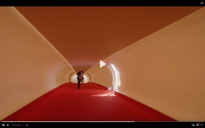 a person standing in a tunnel with a red carpet
