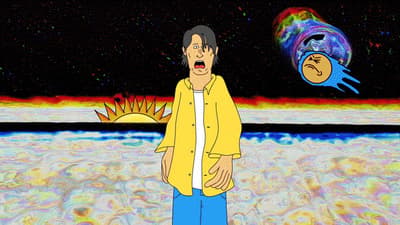 a man standing in front of a painting of a planet