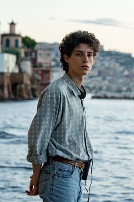 a young man standing next to a body of water