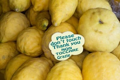a pile of lemons with a sign that says please don't touch thank
