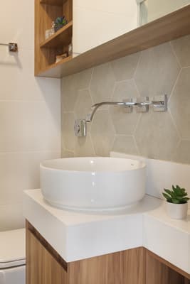 a bathroom with a sink, toilet and shelves