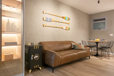 a living room with a couch and a table