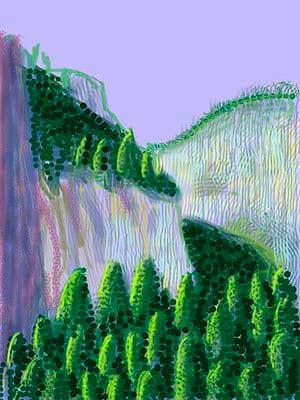 a digital painting of a mountain with trees