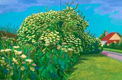 a painting of a field of flowers with a house in the background