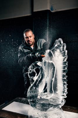 a man standing next to a large ice sculpture