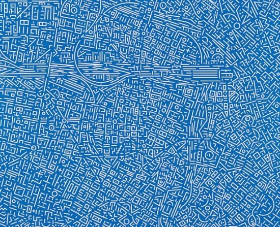 a blue and white drawing of a city